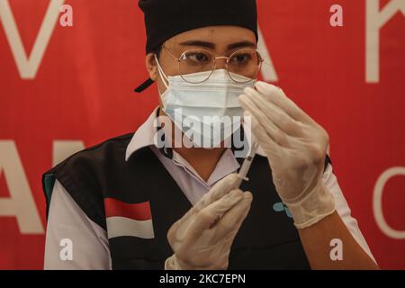 Il medico prepara una dose di vaccino Sinovac COVID-19 prima di somministrare un shot in un ospedale di Denpasar, Bali, Indonesia il 14 2021 gennaio. L'Indonesia inizia ad attuare il programma di vaccinazione COVID-19 per gli operatori sanitari e i funzionari governativi nella prima fase del programma di vaccinazione nazionale. Il governo ha ordinato 125 milioni di dosi di vaccino dalla Sinovac Biotech cinese. (Foto di Johanes Christo/NurPhoto) Foto Stock