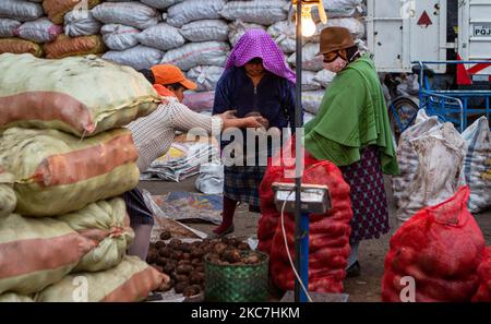 En el Mercado Mayorista de Quito varios trabajadores despachan productos a los primero compradores de la manana. Il 15 gennaio 2021 a Quito, Ecuador. (Foto di Rafael Rodriguez/NurPhoto) Foto Stock