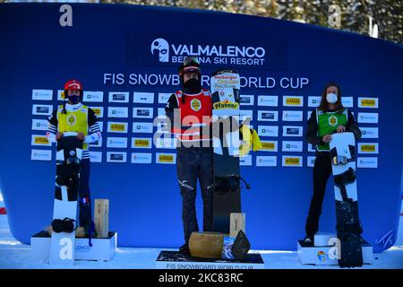 HAEMMERLE Alessandro vince la finale del primo giro di snowboard cross (SBX) Coppa del mondo a Chiesa in Valmalenco, Sondrio, Italia, 22 gennaio 2021 (Foto di Andrea Diodato/NurPhoto) Foto Stock