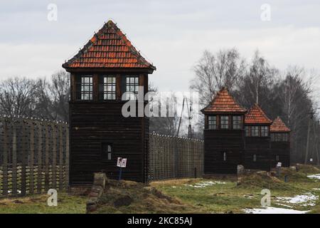 Torri di guardia presso l'ex campo di concentramento tedesco nazista Auschwitz II-Birkenau il 23 gennaio 2021 a Brzezinka, vicino a Oswiecim, Polonia. Il 27 gennaio segnerà il 76th° anniversario della liberazione del campo. La cerimonia di commemorazione di quest'anno si terrà online a causa della pandemia di coronavirus. (Foto di Jakub Porzycki/NurPhoto) Foto Stock