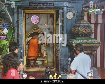 Il prete indù Tamil recita preghiere in un piccolo tempio sulla strada a Chennai, Tamil Nadu, India. (Foto di Creative Touch Imaging Ltd./NurPhoto) Foto Stock