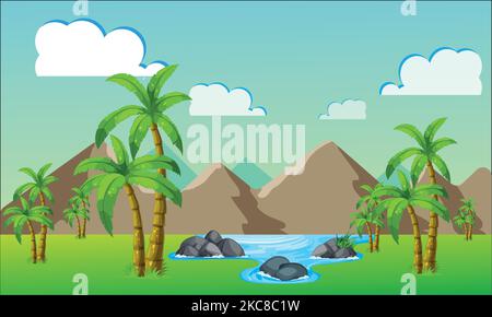 Una rappresentazione di alberi tropicali, acqua, rocce e montagne sullo sfondo di un cielo con nuvole Illustrazione Vettoriale