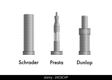 Tipi di valvole per pneumatici da bicicletta. Schrader, Presta e Dunlop. Illustrazione Vettoriale