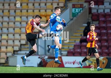 Scott Quigley of Barrow vince la palla durante la partita della Sky Bet League 2 tra Bradford City e Barrow all'Utilita Energy Stadium di Bradford, Inghilterra, il 30th gennaio 2021. (Foto di Pat Scaasi/MI News/NurPhoto) Foto Stock