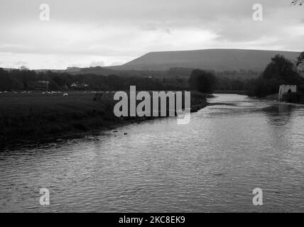 Una vista di Pendle Hill dalle rive del fiume Ribble a Sawley, Clitheroe, Lancashire, Regno Unito, Europa Foto Stock