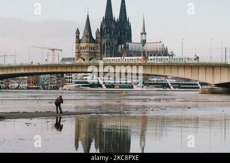 Una donna fotografa l'area di alluvione quando il livello dell'acqua del fiume Reno raggiunge i 8,6 metri a Colonia, in Germania, il 5 febbraio 2021. (Foto di Ying Tang/NurPhoto) Foto Stock