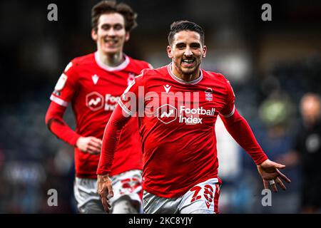 Anthony Knockaert (28) di Nottingham Forest festeggia dopo aver segnato il suo terzo gol durante la partita del campionato Sky Bet tra Wycombe Wanderers e Nottingham Forest ad Adams Park, High Wycombe, sabato 6th febbraio 2021. (Foto di Jon Hobley/MI News/NurPhoto) Foto Stock