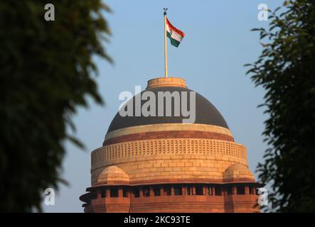 La bandiera nazionale indiana sventola sopra la cupola del Rashtrapati Bhavan come visto dai giardini di Mughal, a Nuova Delhi, India il 11 febbraio 2021. L'iconico Giardino Mughal nel cuore della tenuta del Presidente riaprirà dal 13 febbraio per il pubblico generale, oltre 10 mesi dalla sua chiusura a causa della pandemia del Covid-19, come da Rashtrapati Bhavan dichiarazione. (Foto di Mayank Makhija/NurPhoto) Foto Stock