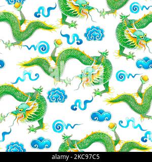 Modello con drago. Illustrazione luminosa del drago. Drago che vola nelle nuvole. Pittura e disegno acrilici fatti a mano. Foto Stock