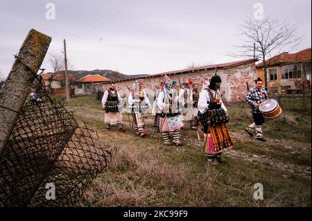 Pobeda villaggio, Yambol. Bulgaria. Gli uomini vestiti come creature spaventose camminano intorno al villaggio di Pobeda, quartiere di Yambol, Bulgaria, per visitare le case e allontanare gli spiriti malvagi. L'antica tradizione bulgara del Kuker si è svolta tra l'inverno e la primavera, all'inizio del nuovo anno agricolo. Le maschere sono uniche per ogni regione del paese, ma di solito coinvolgono grandi campane, tessuti dai colori luminosi e pellicce animali. Ci sono ruoli tra i gruppi Kuker come l'anziano, la sposa, il medico, l'orso e così via. I “kukers” hanno battuto simbolicamente i proprietari di casa con Foto Stock