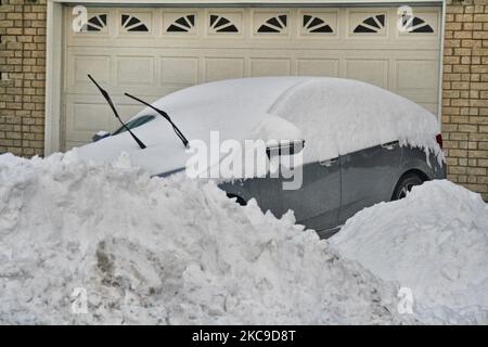 La tempesta di neve è caduta vicino a 25 centimetri di neve nella città di Toronto, Ontario, Canada, il 16 febbraio 2021. (Foto di Creative Touch Imaging Ltd./NurPhoto) Foto Stock