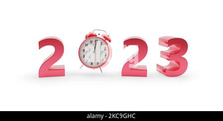 Anno 2023 in tre dimensioni con orologio isolato su sfondo bianco. Concetto di nuovo anno. illustrazione 3d. Foto Stock