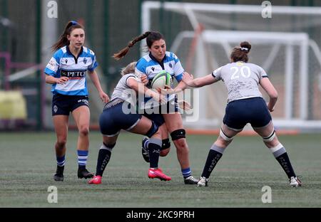 Maelle Picut di Darlington Mowden Park Sharks durante la partita FEMMINILE ALLIANZ PREMIER 15S tra DMP Durham Sharks e sale Sharks al Maiden Castle, Durham City, sabato 20th febbraio 2021. (Foto di Chris Booth/MI News/NurPhoto) Foto Stock