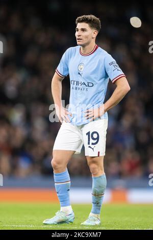 Manchester, Regno Unito. 2nd Nov 2022. Julian Alvarez di Manchester City guarda durante la partita di calcio della UEFA Champions League (Gruppo G - Giornata 6 del 6) tra Manchester City e il Sevilla FC allo stadio Etihad di Manchester, Inghilterra. (Sarà Palmer/SPP) Credit: SPP Sport Press Photo. /Alamy Live News Foto Stock