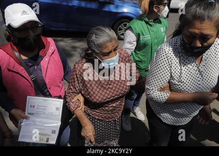 Una donna anziana viene aiutata dai suoi parenti al di fuori della foresta di Tláhuac a Città del Messico, prima di essere immunizzata contro COVID-19 con il vaccino Sputnik V, durante l'emergenza sanitaria e il semaforo epidemiologico arancione nella capitale. L'obiettivo è quello di applicare 200 mila dosi di vaccino Sputnik-V contro COVID-19 in anziani di età pari o superiore a 60 anni, da febbraio 24 a marzo 5 in sei unità di vaccinazione macro. Nelle prossime settimane, la capitale messicana inizierà a ricevere nuove spedizioni di vaccini acquistati dal governo del Messico. (Foto di Gerardo Vieyra/NurPhoto) Foto Stock