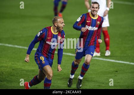 09 Martin Braithwaite del FC Barcelona festeggia il suo obiettivo durante la semifinale spagnola della Copa del Rey tra FC Barcelona e Sevilla FC allo stadio Camp Nou il 03 marzo 2021 a Barcellona, Spagna. (Foto di Xavier Bonilla/NurPhoto) Foto Stock