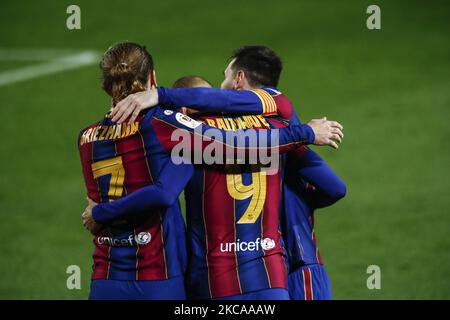 09 Martin Braithwaite del FC Barcelona festeggia il suo obiettivo con la sua squadra durante la semifinale spagnola della Copa del Rey tra FC Barcelona e Sevilla FC allo stadio Camp Nou il 03 marzo 2021 a Barcellona, Spagna. (Foto di Xavier Bonilla/NurPhoto) Foto Stock