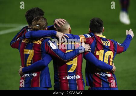 09 Martin Braithwaite del FC Barcelona festeggia il suo obiettivo con la sua squadra durante la semifinale spagnola della Copa del Rey tra FC Barcelona e Sevilla FC allo stadio Camp Nou il 03 marzo 2021 a Barcellona, Spagna. (Foto di Xavier Bonilla/NurPhoto) Foto Stock