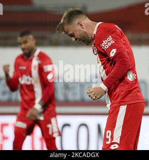 Christian Gytkjaer dell'AC Monza festeggia dopo aver segnato il secondo gol della sua squadra durante la Serie B di AC Monza e Pordenone Calcio allo Stadio Brianteo il 06 marzo 2021 a Monza. (Foto di Giuseppe Cottini/NurPhoto) Foto Stock