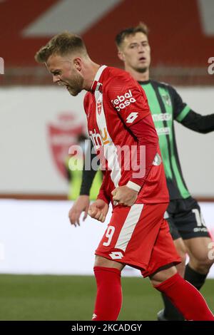 Christian Gytkjaer dell'AC Monza festeggia dopo aver segnato il secondo gol della sua squadra durante la Serie B di AC Monza e Pordenone Calcio allo Stadio Brianteo il 06 marzo 2021 a Monza. (Foto di Giuseppe Cottini/NurPhoto) Foto Stock