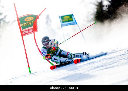 Zan Kranjec di SLO in azione durante la Coppa del mondo di sci alpino Audi FIS Slalom gigante dell'uomo il 13 marzo 2021 a Kranjska Gora, Slovenia. (Foto di Damjan Zibert/NurPhoto) Foto Stock
