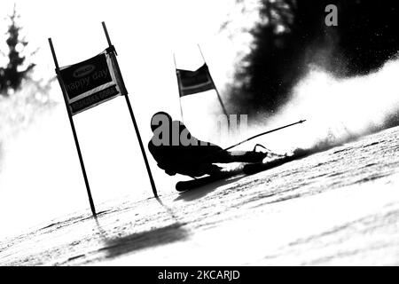 Sciatore in azione durante l'Audi FIS Alpine Ski World Cup Man's Giant Slalom il 13 marzo 2021 a Kranjska Gora, Slovenia. (Foto di Damjan Zibert/NurPhoto) Foto Stock