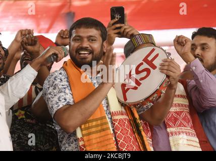 All India Students Federation (AISF) leader Kanhaiya Kumar durante un incontro del Partito della sinistra a Morigaon, Assam, India, sabato 27 marzo 2021. (Foto di David Talukdar/NurPhoto) Foto Stock