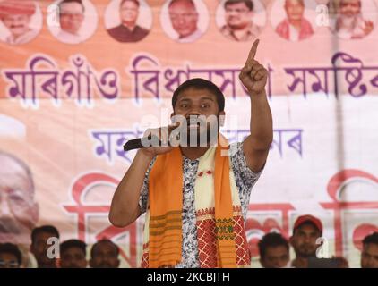 All India Students Federation (AISF) leader Kanhaiya Kumar durante un incontro del Partito della sinistra a Morigaon, Assam, India, sabato 27 marzo 2021. (Foto di David Talukdar/NurPhoto) Foto Stock