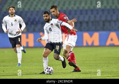 Lorenzo Insigne d'Italia (C) durante la Coppa del mondo FIFA 2022 Qatar incontro di qualificazione tra Bulgaria e Italia il 28 marzo 2021 a Sofia, Bulgaria (Foto di Georgi Paleykov/NurPhoto) Foto Stock