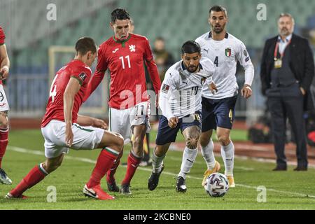 Lorenzo Insigne d'Italia (C) durante la Coppa del mondo FIFA 2022 Qatar incontro di qualificazione tra Bulgaria e Italia il 28 marzo 2021 a Sofia, Bulgaria (Foto di Georgi Paleykov/NurPhoto) Foto Stock