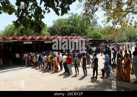 I visitatori si alloggeranno per acquistare i biglietti d'ingresso per visitare il Parco Zoologico Nazionale di Nuova Delhi il 1 aprile 2021, il primo giorno della sua riapertura dopo un anno di chiusura a causa della pandemia del Covid-19. (Foto di Mayank Makhija/NurPhoto) Foto Stock
