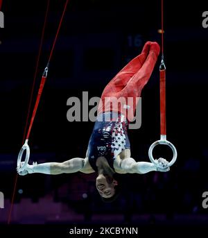 Liverpool, Regno Unito. 04th Nov 2022. 4th novembre 2022, M&amp; S Bank Arena, Liverpool, Inghilterra; 2022 World Artistic Gymnastics Championships; Men's Apparatus Final Rings - Brody Malone (USA) Credit: Action Plus Sports Images/Alamy Live News Foto Stock