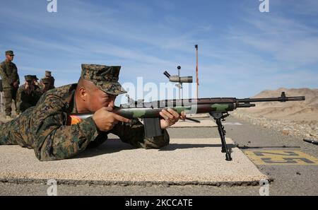 U.S. Marine punta a un fucile di servizio M14 down range. Foto Stock