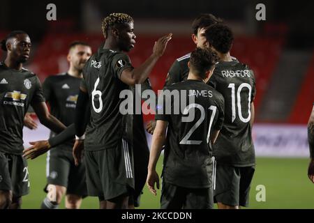 Marcus Rashford, del Manchester United, segna il primo gol della sua squadra durante la UEFA Europa League Quarter Final leg One match tra Granada CF e Manchester United al Nuevo Los Carmenes Stadium il 8 aprile 2021 a Granada, Spagna. Gli stadi sportivi in tutta Europa restano chiusi ai tifosi a causa della Pandemia di Coronavirus. (Foto di Álex Cámara/NurPhoto) Foto Stock