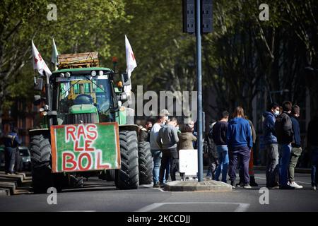 Un trattore è dotato di una targhetta con la scritta "Fed Up!" e coltivatori discutono. Diverse centinaia di agricoltori si sono riuniti a Tolosa con i loro trattori e con il letame per protestare contro i negoziati a Bruxelles sulla politica agricola comune 2023. La manifestazione è stata convocata dal principale sindacato agricolo, la FNSEA, e dalle sue controllate, la FDSEA e la JA (Jeunes Agriculteurs ie Young Farmers). Gli agricoltori sono anche preoccupati per l'ecologia, in quanto affermano che i nuovi regolamenti li bloccheranno a svolgere correttamente il proprio lavoro: Ad esempio, devono tenere una striscia senza utilizzare biocidi (pesticidi, infestanti, ecc.) a favore Foto Stock