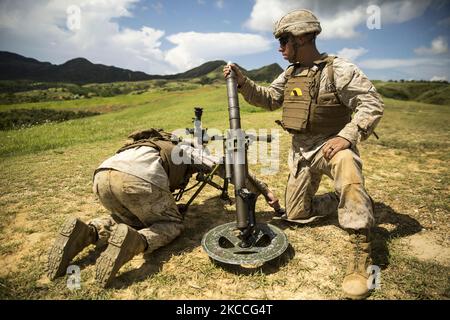 Una marina statunitense carica un mortaio di 60 mm a Camp Hansen, Okinawa, Giappone. Foto Stock