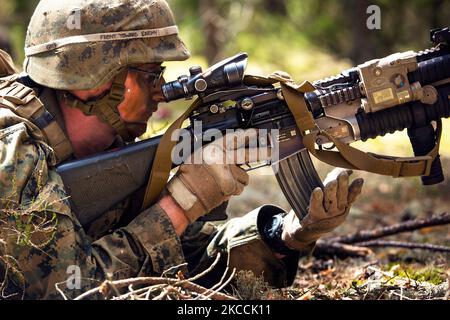 U.S. Marine spara la sua arma. Foto Stock