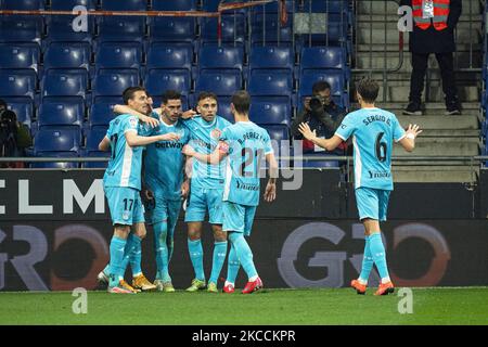 Miguel de la Fuente gol cdelebration durante la partita tra RCD Espanyol e CD Leganes, corrispondente alla settimana 34 della Liga Smartbank, suonata allo stadio RCDE il 11th aprile 2021, a Barcellona, Spagna. -- (Foto di Urbanandsport/NurPhoto) Foto Stock