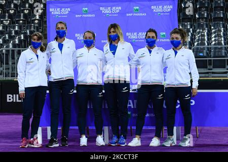 Squadra di tennis italiana durante i pareggi per la partita di play-off della Billie Jean King Cup tra Romania e Italia alla Sala Polivalenta il 15 aprile 2021 a Cluj-Napoca, Romania (Photo by Flaviu Buboi/NurPhoto) Foto Stock