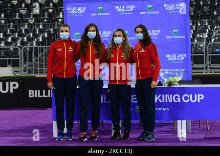 Squadra di tennis rumena durante i pareggi per la partita di play-off della Billie Jean King Cup tra Romania e Italia alla Sala Polivalenta il 15 aprile 2021 a Cluj-Napoca, Romania (Photo by Flaviu Buboi/NurPhoto) Foto Stock