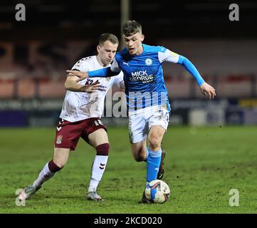 Harrison Burrows di Peterborough si è Unito in azione durante la partita della Sky Bet League 1 tra Peterborough e Northampton Town al Weston Homes Stadium di Peterborough, Inghilterra il 16th aprile 2021. (Foto di James HolyoakMI News/NurPhoto) Foto Stock