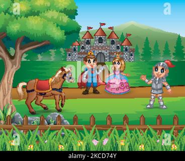 Cavaliere con principessa e coppia principe nel cortile del castello Illustrazione Vettoriale
