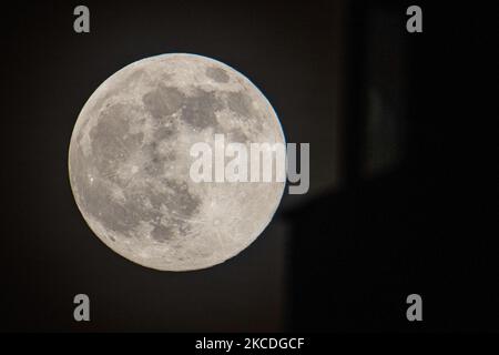 La Supermoon Rosa del 2021 aprile visto dalla città olandese, Eindhoven, Paesi Bassi il 26 aprile 2021. La luna piena super è più grande e più luminosa nel cielo perché è più vicina alla Terra. (Foto di Nicolas Economou/NurPhoto) Foto Stock