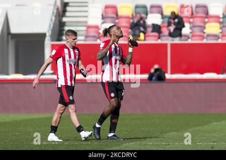 Ivan Toney di Brentford gests durante la partita del campionato Sky Bet tra Brentford e Watford al Brentford Community Stadium di Brentford sabato 1st maggio 2021. (Foto di Federico Maranesi/MI News/NurPhoto) Foto Stock