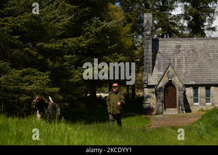 Padre Krzysztof Sikora con il suo cane 'Rambo' visto fuori dalla Chiesa di Ballynahinch, a Emlaghdauroe, Connemara. Questa ex chiesa della Chiesa d'Irlanda, datata 1865, ora conosciuta come St. Hubert, il santo patrono dei cacciatori, è situata nel paesaggio più spettacolare di montagne, palestre e laghi. Geograficamente, la parrocchia di Roundstone è considerata la più grande parrocchia d'Irlanda e si estende dalle spiagge di Gurteen ai Monti Twelve Bens e Mám Tuirc. Fino agli anni '1990s la parrocchia era servita da tre sacerdoti, ora CE n'è una sola che si occupa di cinque chiese. L'attuale Parroco, un polacco nato Padre Krzysz Foto Stock