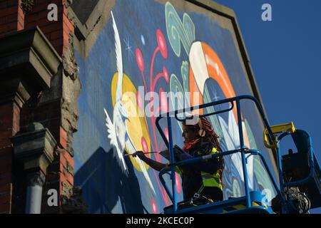 Kathrina Rupit aka KINMX, artista messicano che vive a Dublino, sta lavorando a un nuovo murale 'trasformazione' nel centro di Dublino. Martedì 11 maggio 2021, a Dublino, Irlanda. (Foto di Artur Widak/NurPhoto) Foto Stock