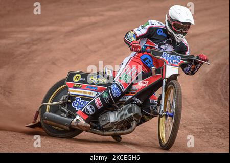 MANCHESTER, REGNO UNITO. MAGGIO 13TH. Paul Bowen in azione durante la Belle Vue Aces Media Day presso il National Speedway Stadium di Manchester, giovedì 13th maggio 2021. (Foto di Ian Charles/MI News/NurPhoto) Foto Stock