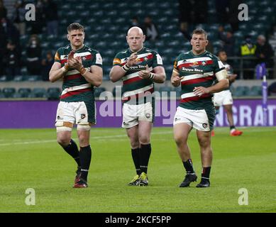 L-R Calum Green of Leicester Tigers, Dan Cole of Leicester Tigers e Joe Heyes of Leicester Tigers dopo la sfida finale di Coppa tra Leicester Tigers e Montpellier, al Twickenham Stadium il 21 maggio 2021 a Londra , Inghilterra (Photo by Action Foto Sport/NurPhoto) Foto Stock