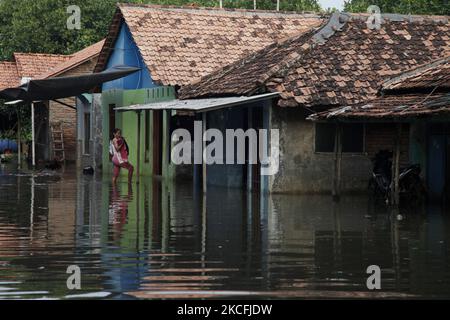 Acqua di mare unindated villagers casa nella costa settentrionale della città di Pekalonga, Giava centrale, il 3 giugno 2021. Sulla base dei dati dell'Agenzia geologica del Ministero indonesiano dell'energia e delle risorse minerarie, la città di Pekalonga sta vivendo una subsidenza di terra di 6 centimetri all'anno, causata dall'uso massiccio delle acque sotterranee da parte dei tetti, dell'agricoltura, dell'industria e del cambiamento climatico globale, che, se non immediatamente mitigato, la città è prevista affondare nel 2036. (Foto di Aditya Irawan/NurPhoto) Foto Stock