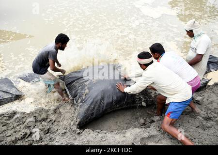 I lavoratori hanno messo i sacchi di sabbia sulla riva del fiume Brahmaputra per controllare l'erosione del suolo prima della stagione monsonica, a Guwahati, in India, il 8,2021 giugno. (Foto di Anuwar Hazarika/NurPhoto) Foto Stock